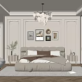 Elegant Modern Bedroom Interior With Bed Pillows Framed Artworks Chandelier And Wardrobe