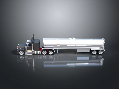 Black Cab White Tanker Truck With Multiple Wheels On Gray Background Showcasing Reflection Effect 3d model