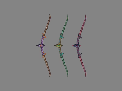 Three Colorful Decorative Weapons with Brown Green Purple Handles and Unique Arrowhead Designs 3d model