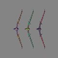 Three Colorful Decorative Weapons with Brown Green Purple Handles and Unique Arrowhead Designs
