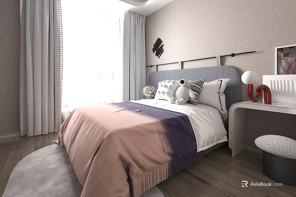 Kids Room Interior Design With Bed Stuffed Toys Wall Decor Curtains Rug And Wooden Floor 3d model 