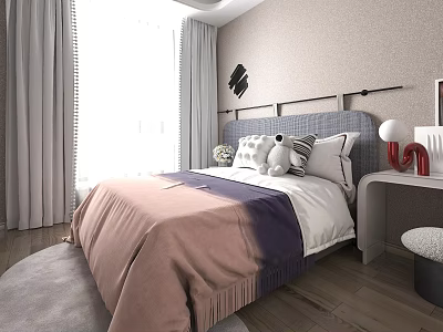 Kids Room Interior Design With Bed Stuffed Toys Wall Decor Curtains Rug And Wooden Floor 3d model