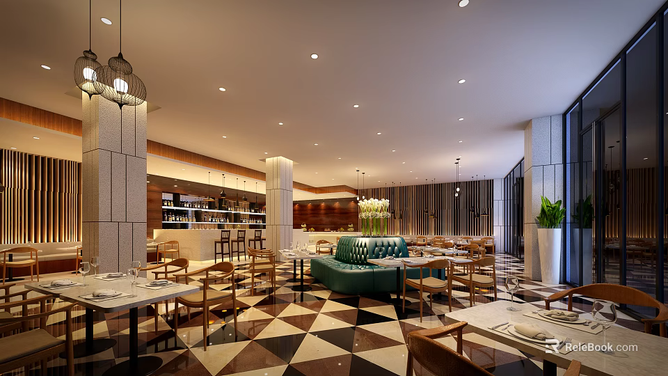 Spacious Modern Restaurant Interior With Dining Tables Green Sofa Chandeliers And Open Layout 3d model 