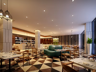 Spacious Modern Restaurant Interior With Dining Tables Green Sofa Chandeliers And Open Layout 3d model