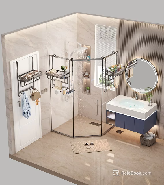 Modern Bathroom Set With Glass Shower Enclosure Vanity Sink Lighted Round Mirror And Storage Shelves 3d model 