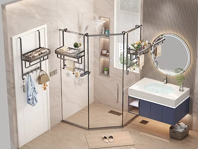 Modern Bathroom Set With Glass Shower Enclosure Vanity Sink Lighted Round Mirror And Storage Shelves 3d model