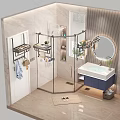 Modern Bathroom Set With Glass Shower Enclosure Vanity Sink Lighted Round Mirror And Storage Shelves
