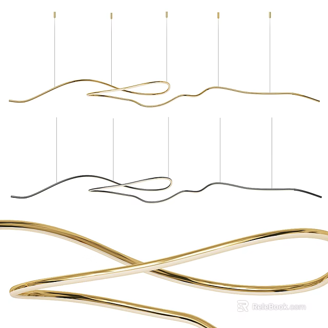 Modern Curved Chandelier Design With Gold And Black Hanging Lines For Interior Decor 3d model 