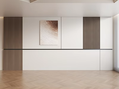 Modern Interior Design With Wooden And White Walls Abstract Artwork On Herringbone Wooden Floor 3d model