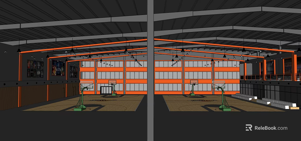 Spacious Indoor Basketball Gym With Multiple Hoops Steel Roof And Large Windows 3d model 