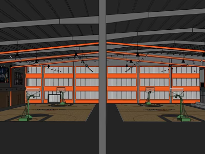 Spacious Indoor Basketball Gym With Multiple Hoops Steel Roof And Large Windows 3d model