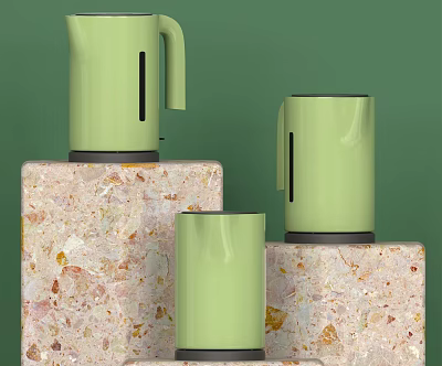 Daily Electrical Appliances Featuring Green Electric Kettles and Insulated Mugs on Patterned Pedestals 3d model