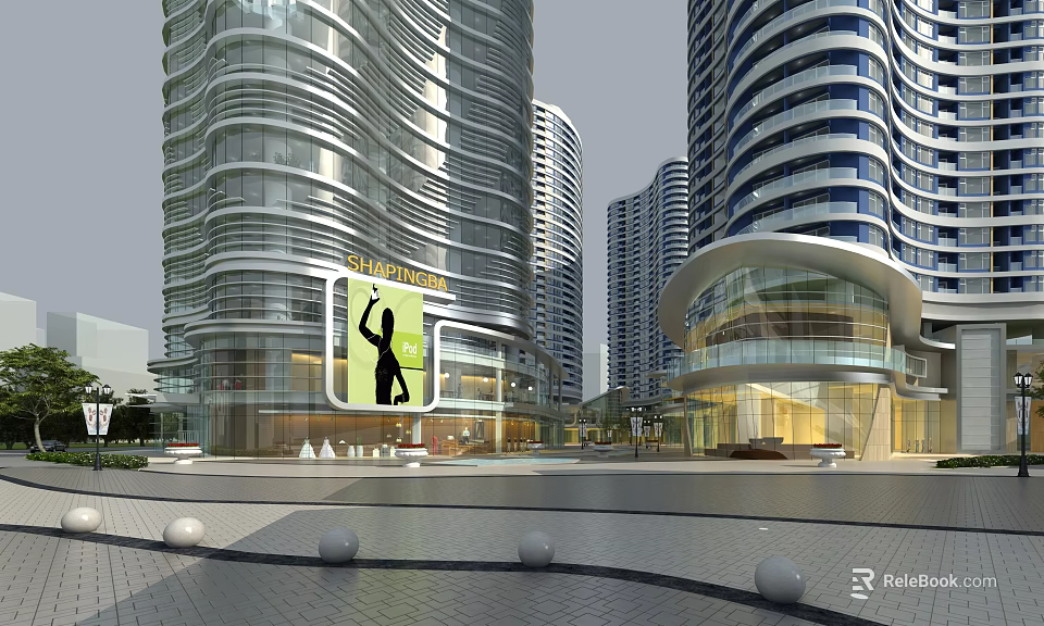 Modern High Rise Residential Building With Curved Glass Curtain Walls Plaza Area And Decorative Spheres 3d model 