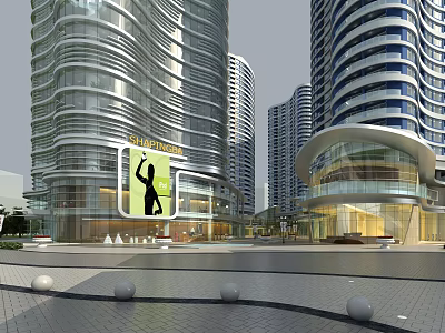 Modern High Rise Residential Building With Curved Glass Curtain Walls Plaza Area And Decorative Spheres 3d model