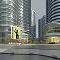 Modern High Rise Residential Building With Curved Glass Curtain Walls Plaza Area And Decorative Spheres