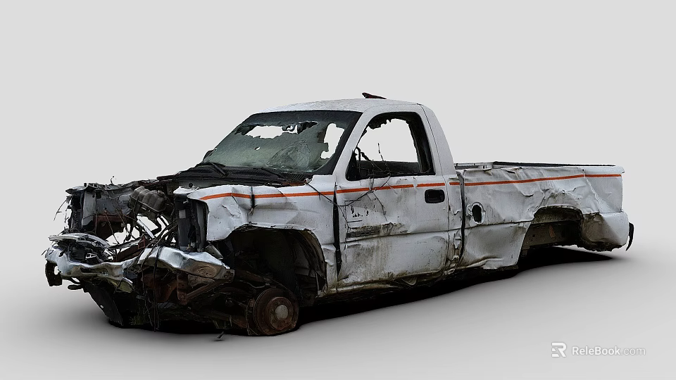 White Damaged Pickup Truck With Crushed Front End And Dented Body 3d model 