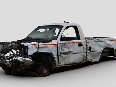 White Damaged Pickup Truck With Crushed Front End And Dented Body 3d model