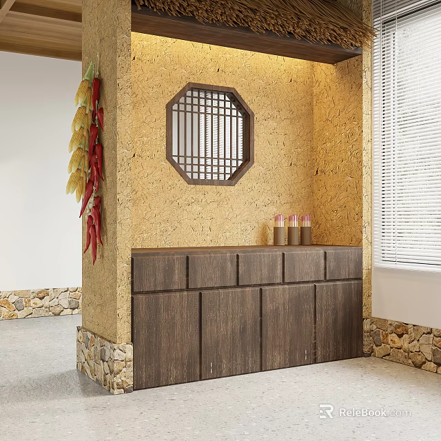 Dark Brown Wooden Sideboard With Octagonal Lattice Window And Chili Strings On Textured Yellow Wall 3d model 