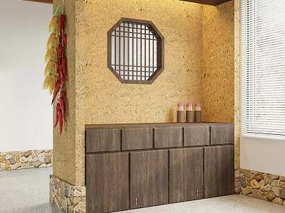 Dark Brown Wooden Sideboard With Octagonal Lattice Window And Chili Strings On Textured Yellow Wall 3d model