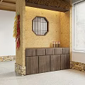 Dark Brown Wooden Sideboard With Octagonal Lattice Window And Chili Strings On Textured Yellow Wall