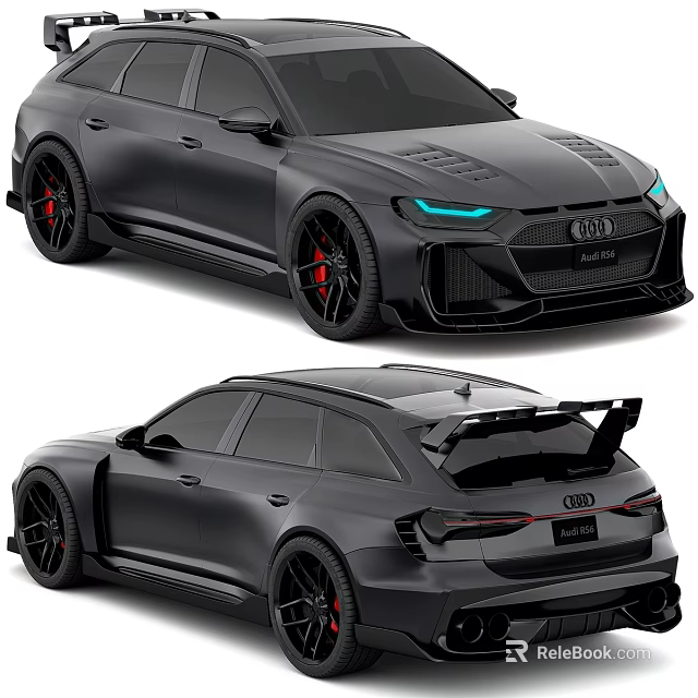 Audi High Performance Wagon Featuring Black Exterior Red Wheels Blue Headlights And Rear Spoiler 3d model 