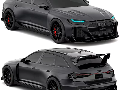 Audi High Performance Wagon Featuring Black Exterior Red Wheels Blue Headlights And Rear Spoiler 3d model