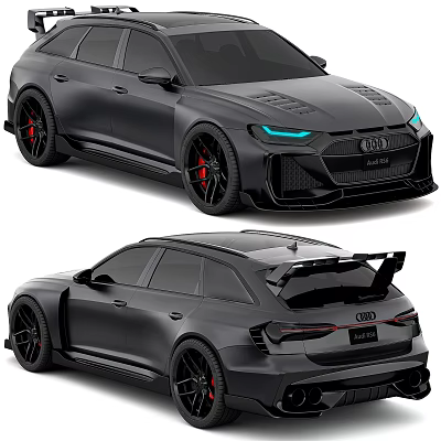 Audi High Performance Wagon Featuring Black Exterior Red Wheels Blue Headlights And Rear Spoiler 3d model
