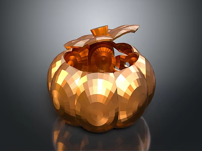 Golden Pumpkin Shaped Decorative Ornament With Geometric Facets And Leaf Top 3d model