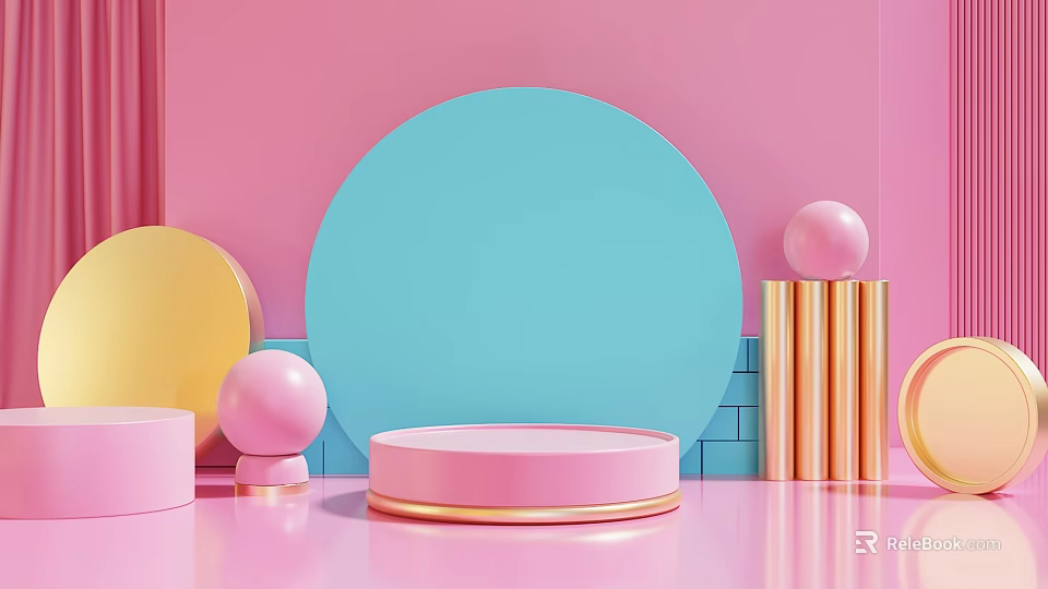 Smart Machine Display Platform With Pink Blue Gold Circular Elements And Spheres 3d model