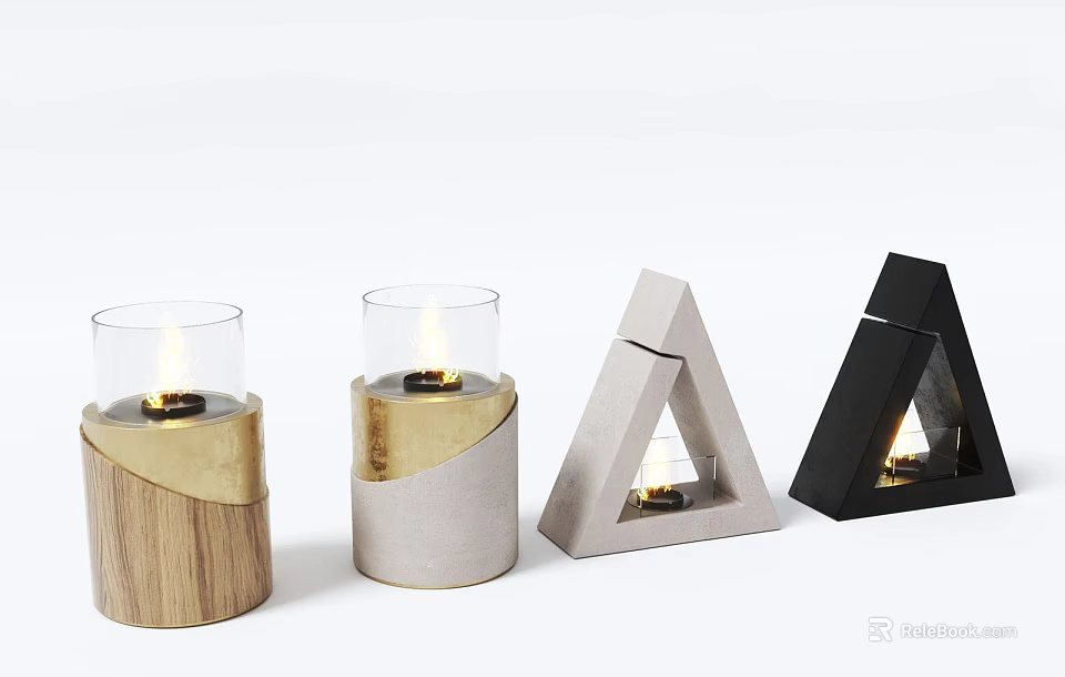 Elegant Modern Fireplace Design with Wooden Metal and Geometric Candle Holders 3d model 