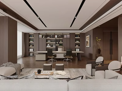 Modern Office Interior Design With Wooden Desk Comfortable Sofa And Bookshelves 3d model