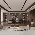 Modern Office Interior Design With Wooden Desk Comfortable Sofa And Bookshelves
