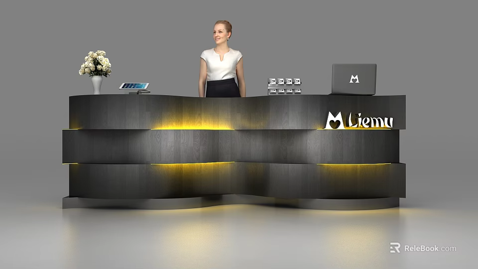 Modern Black Reception Desk With Receptionist Flower Vase Tablet Laptop And Liemu Logo 3d model 