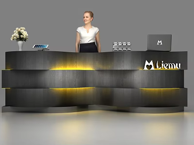 Modern Black Reception Desk With Receptionist Flower Vase Tablet Laptop And Liemu Logo 3d model