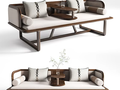 Modern Chinese Luohan Bed With Wooden Frame Soft Cushions And Decorative Pillows 3d model