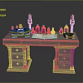 Wooden Writing Desk With Open Book Stacked Books Candles Small Bottles And Drawers