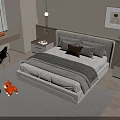 Modern Double Bed Bedroom With Upholstered Headboard Nightstands Lamps Window Blinds Rug And Wall Art