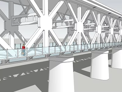 Steel Truss Bridge Design with Glass Railings Piers and People Walking 3d model