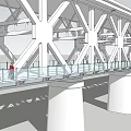 Steel Truss Bridge Design with Glass Railings Piers and People Walking