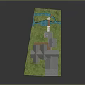 3D Architectural Model of Traditional Houses With Green Lawn Trees And Water Stream