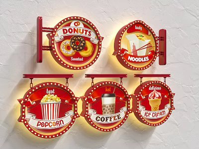 Public Facility With Neon Food Signs Featuring Donuts Noodles Popcorn Coffee And Ice Cream 3d model