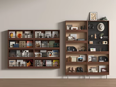 Modern Wooden Bookshelves with Books Magazines Decorations Hat Plant Photo Frames and Shoes 3d model