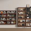 Modern Wooden Bookshelves with Books Magazines Decorations Hat Plant Photo Frames and Shoes