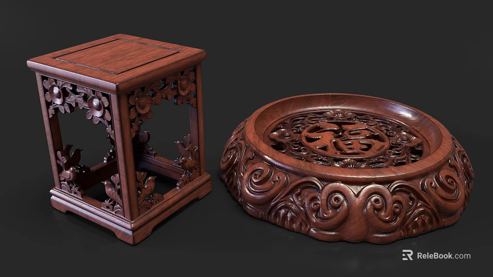Chinese Style Wooden Decorative Shelf With Intricate Carved Patterns And Round Tray Design 3d model 