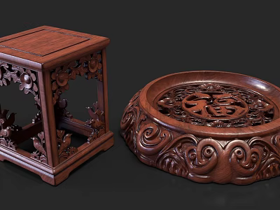 Chinese Style Wooden Decorative Shelf With Intricate Carved Patterns And Round Tray Design 3d model