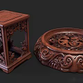 Chinese Style Wooden Decorative Shelf With Intricate Carved Patterns And Round Tray Design