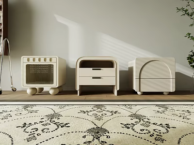 Modern Bedside Table with Drawers and Ornate Carpet Under Natural Light 3d model