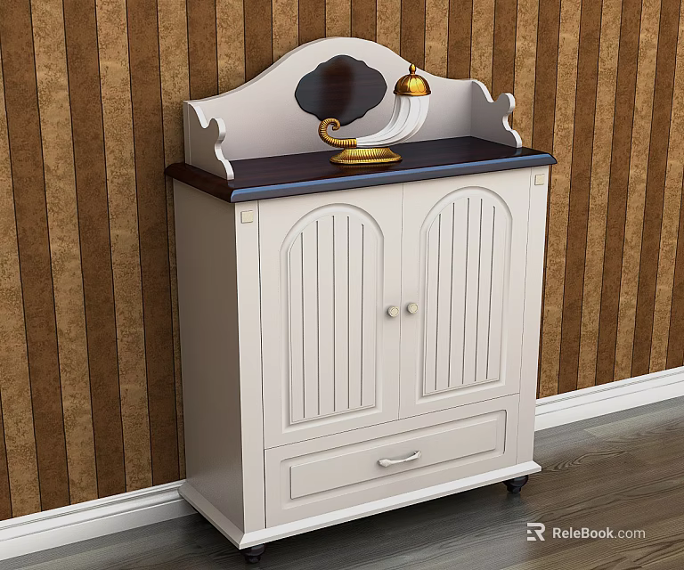 Traditional Entryway Console Cabinet With White Double Doors Black Top And Decorative Lamp 3d model 
