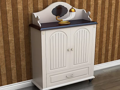 Traditional Entryway Console Cabinet With White Double Doors Black Top And Decorative Lamp 3d model