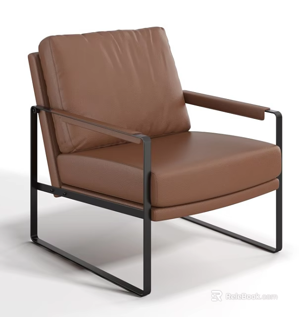 Brown Leather Leisure Chair with Black Metal Frame Modern Minimalist Design 3d model 